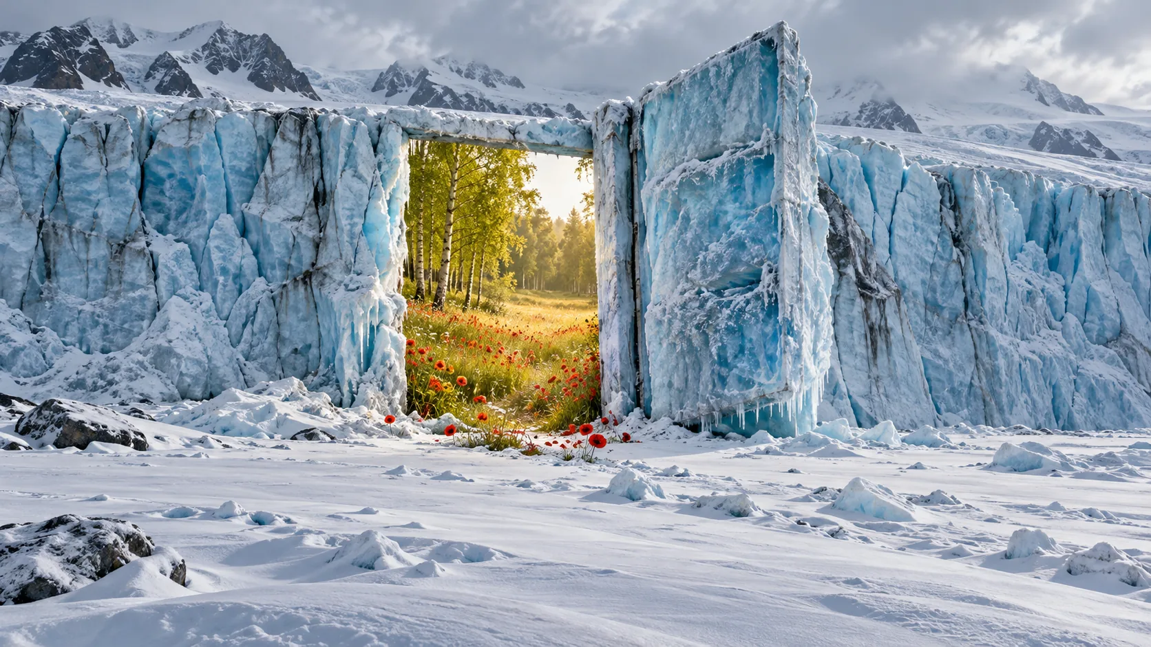 A wall of glacier ice has a doorway cut into it, and through the doorway is a sunny birch wood full of red poppies. The snow on this side has not been told.