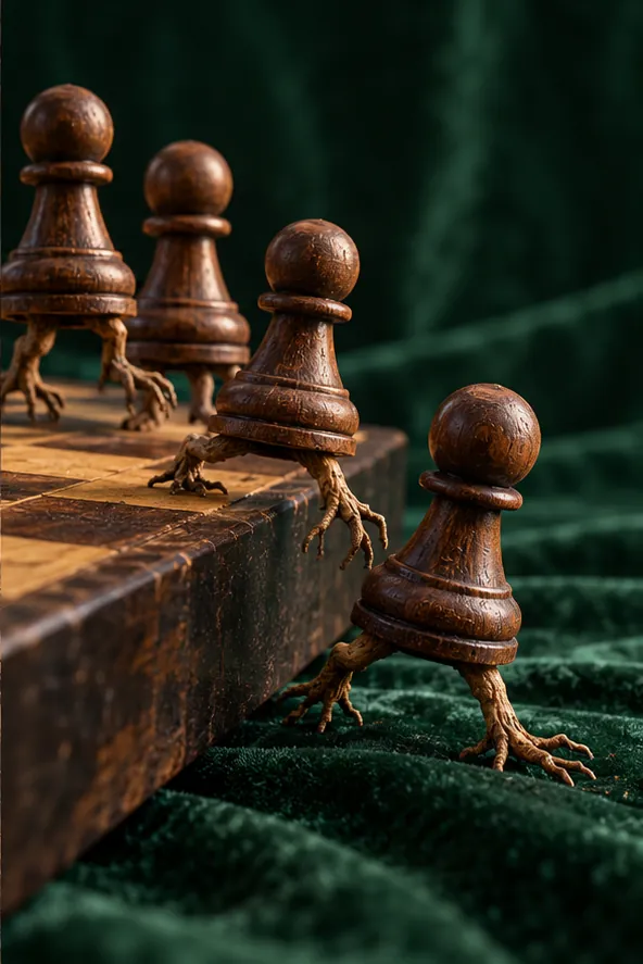 Wooden chess pawns climb down off the edge of a board on spindly root-like legs, onto dark green velvet. They were tired of only moving forward.