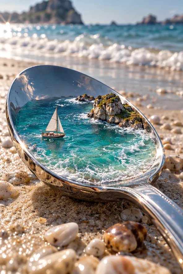 A silver spoon on the beach holds its own sea, with an island, surf and a tiny yacht. Do not stir.