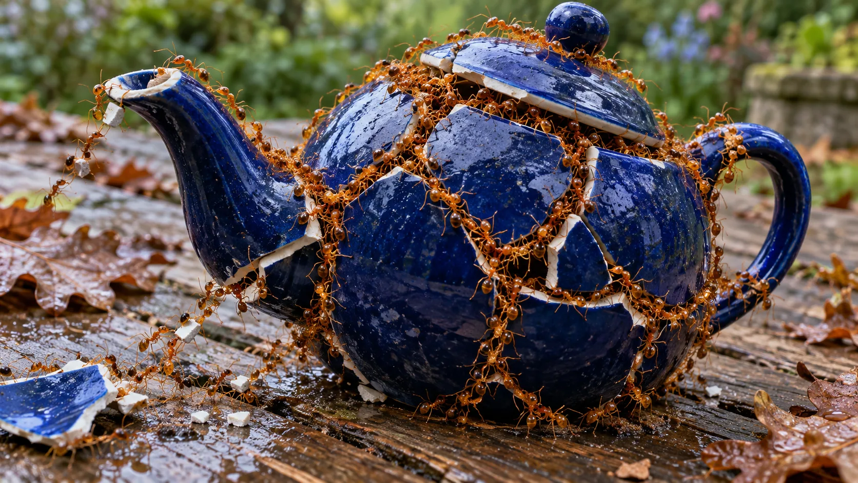 A broken cobalt-blue teapot held together by chains of ants lining every crack like gold seams. The work is beautiful; the teapot still leaks.