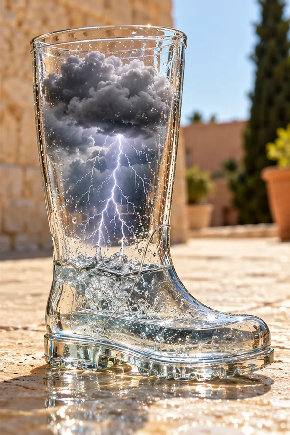 A clear glass rain boot holds its own little thunderstorm on a sunny terrace. Forecast: extremely local.