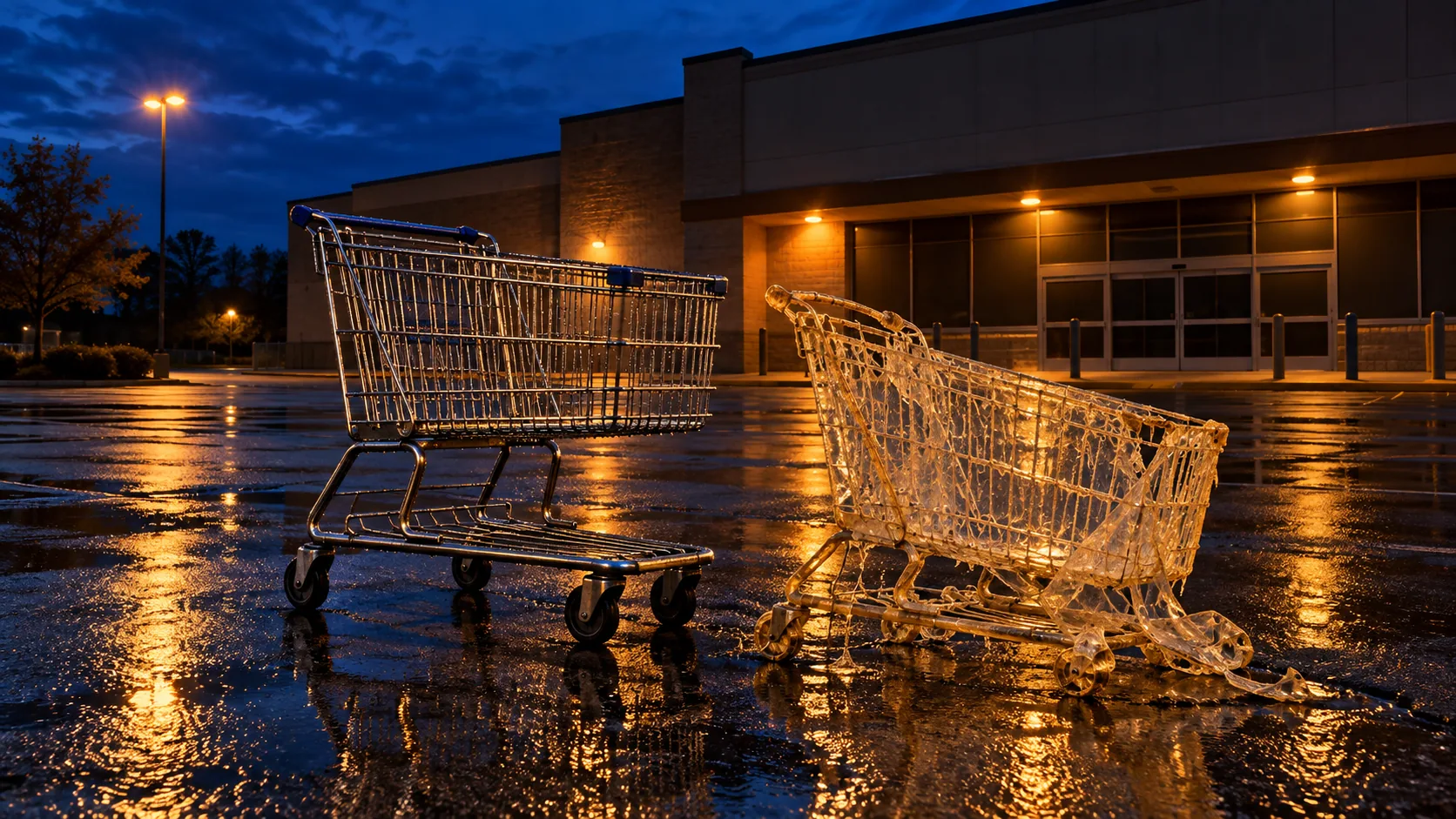 In a rainy car park at night, a chrome shopping cart stands beside its own empty amber husk, moulted like an insect. Bigger now; still pulls left.