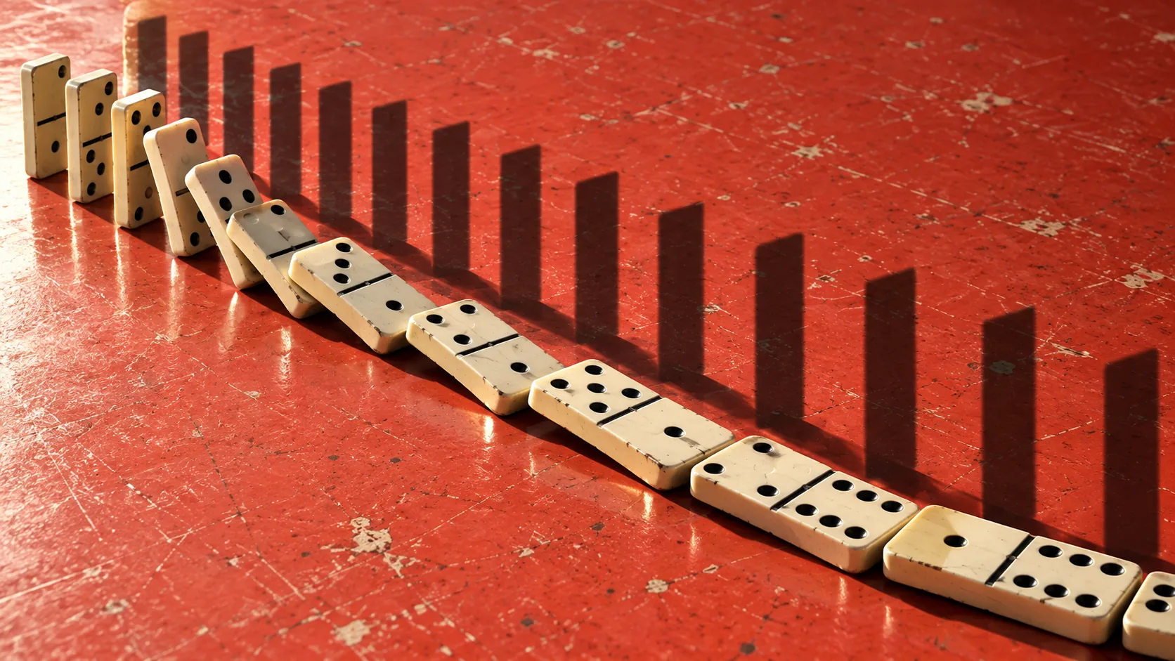 A row of dominoes has toppled across a red tabletop, but their shadows are still standing upright behind them. The shadows think it’s still before.