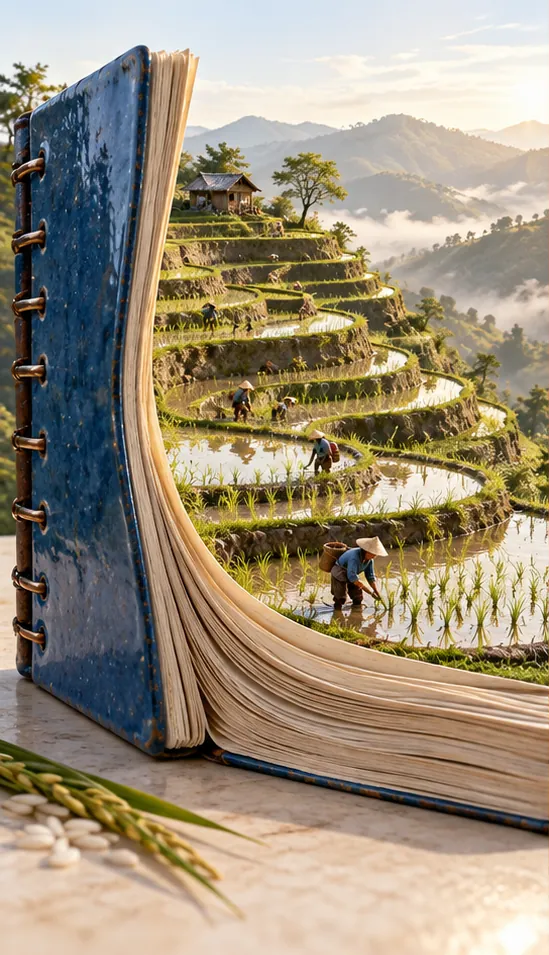 An old notebook opens into green rice terraces climbing a misty valley, with farmers working the pages.