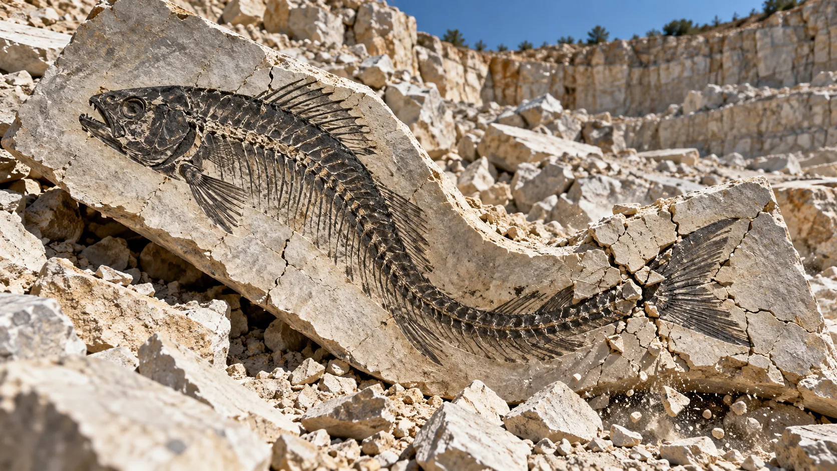 In a limestone quarry, a slab with a fossil fish in it is bent and cracked along the line of the fish, as if it swam off in a curve. The rock went with it.