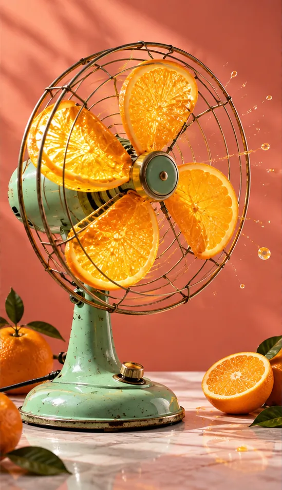 A mint-green desk fan with orange slices for blades, spinning on a marble table. Smells like summer.