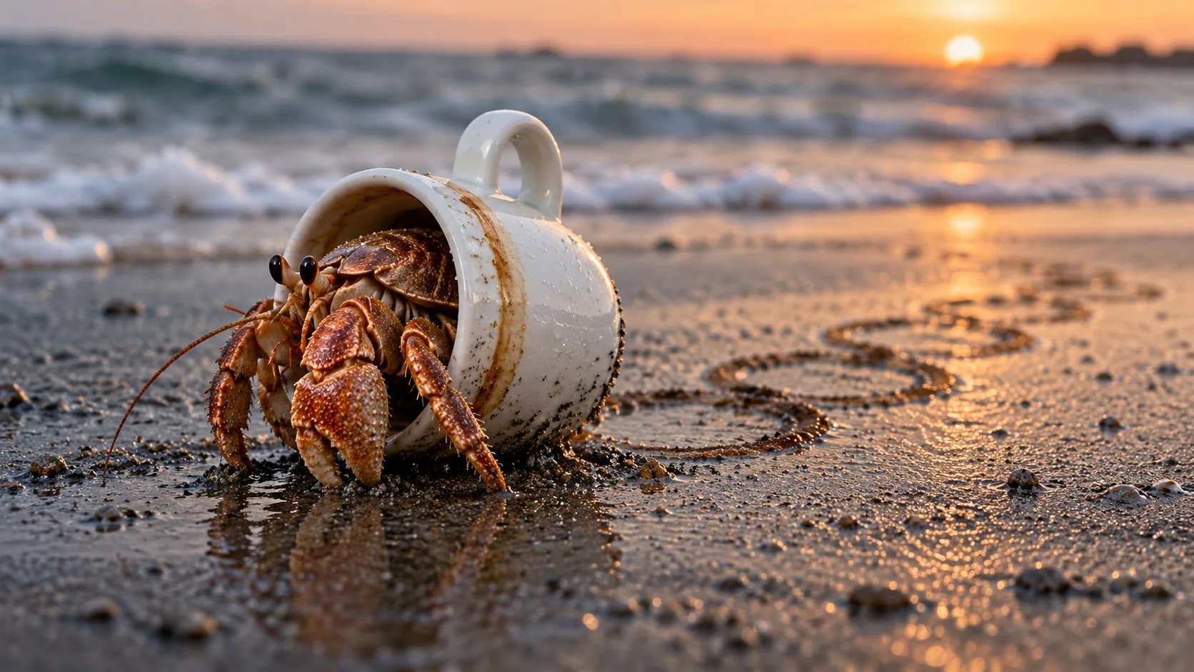 On a beach at sunset, a hermit crab wears a white coffee cup as its shell, leaving a trail of ring-shaped marks across the wet sand behind it. Every step leaves a coffee ring.
