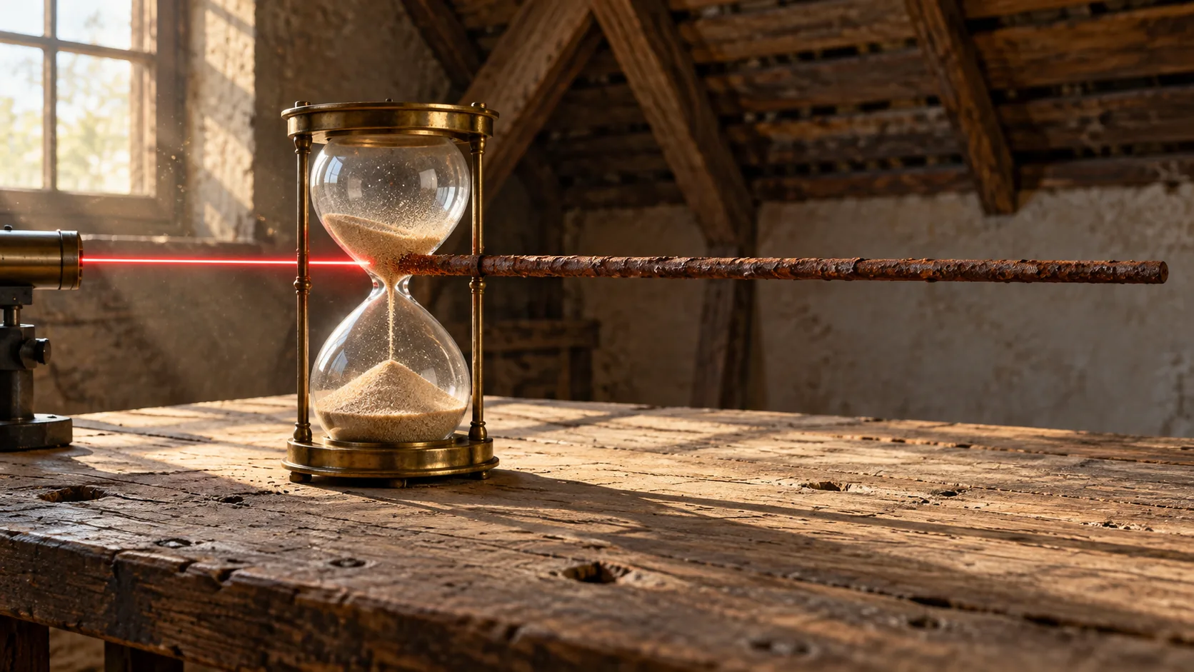 In a sunny attic, a red laser beam goes into one side of a brass hourglass and comes out the other side as a rusted iron bar. Light, it turns out, ages badly.