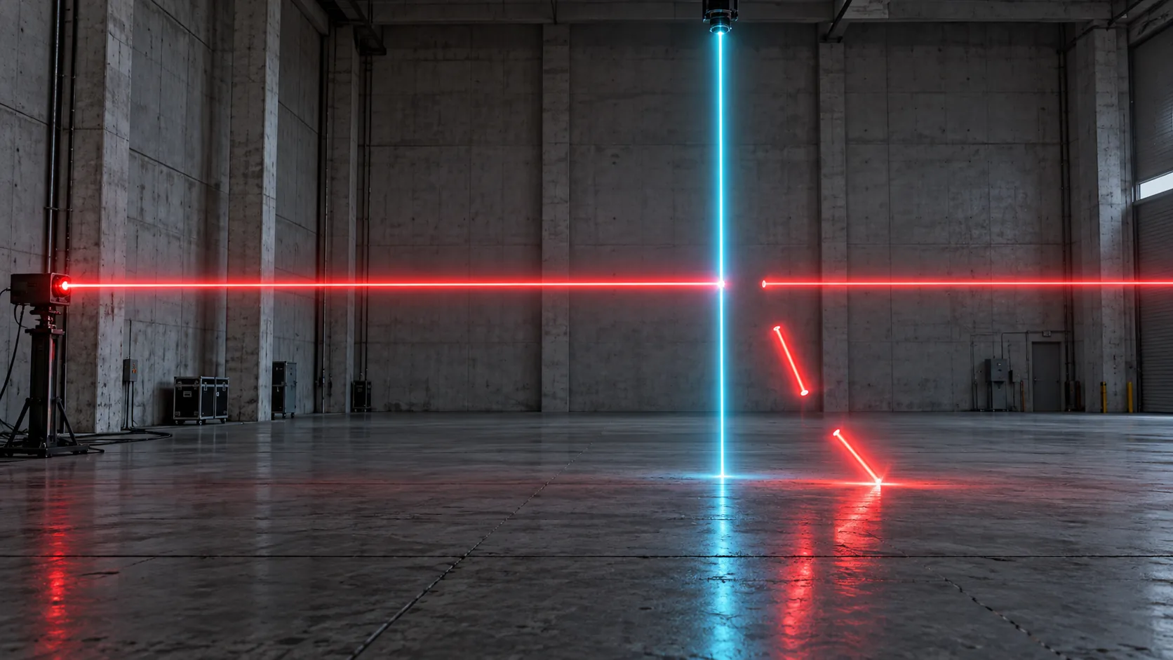 In an empty concrete hall, a vertical blue beam slices straight through a red laser, and the cut-off piece of red beam drops and bounces on the floor. Someone should sweep that up.