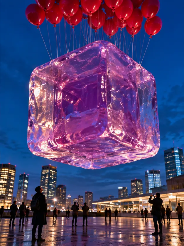 A wobbling cube of pink jelly drifts over a city waterfront at night, held up by red balloons. Crowds watch from the plaza.