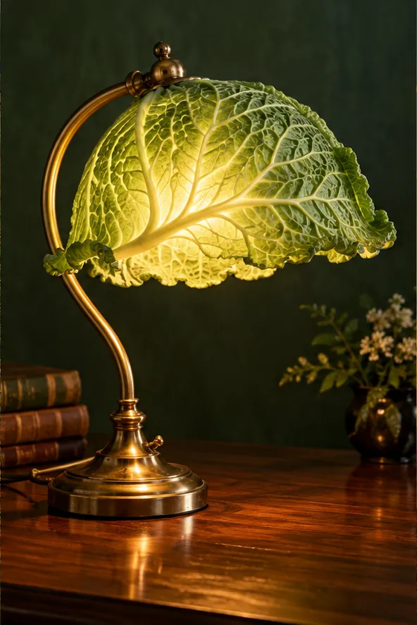 A brass desk lamp wears a glowing savoy cabbage leaf as its shade. Warm, ambient and very low in calories.