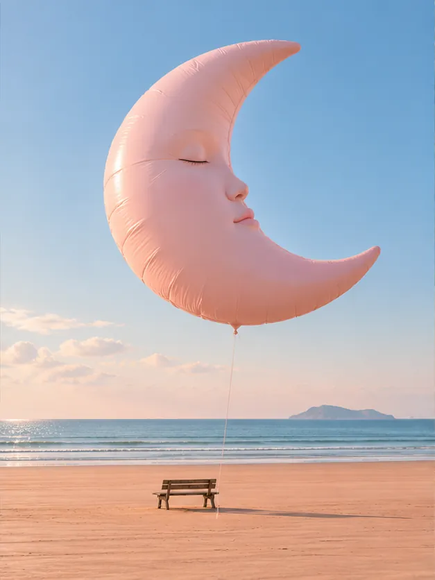 A sleepy pink moon balloon floats over an empty beach and a single bench. Even the moon takes a day off.