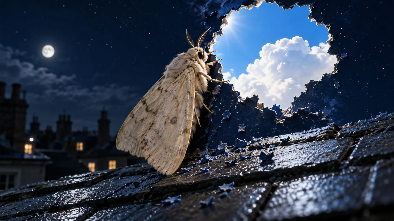 On a wet rooftop under a full moon, a pale moth clings beside a ragged hole torn in the night sky, with blue sky and a sunny cloud on the other side. It may have chewed it.