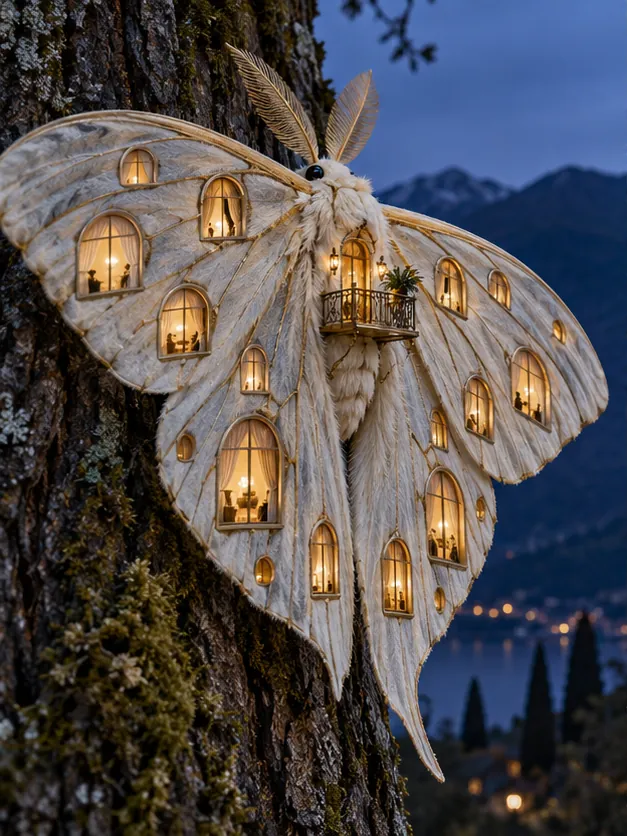 A huge white moth rests on a tree trunk at night, its wings a hotel of glowing windows with a little balcony.