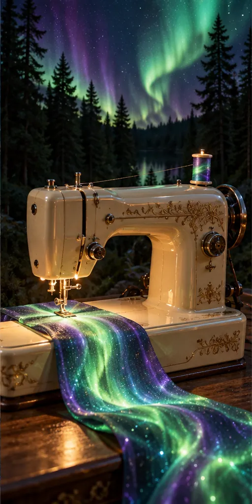 A vintage sewing machine in a dark pine forest stitches out a length of fabric made of the northern lights.
