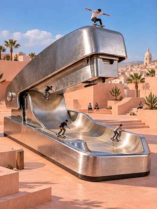 A giant stapler on a sunny plaza doubles as a skate ramp, with skaters dropping in off the top. Paperwork has never looked this fun.