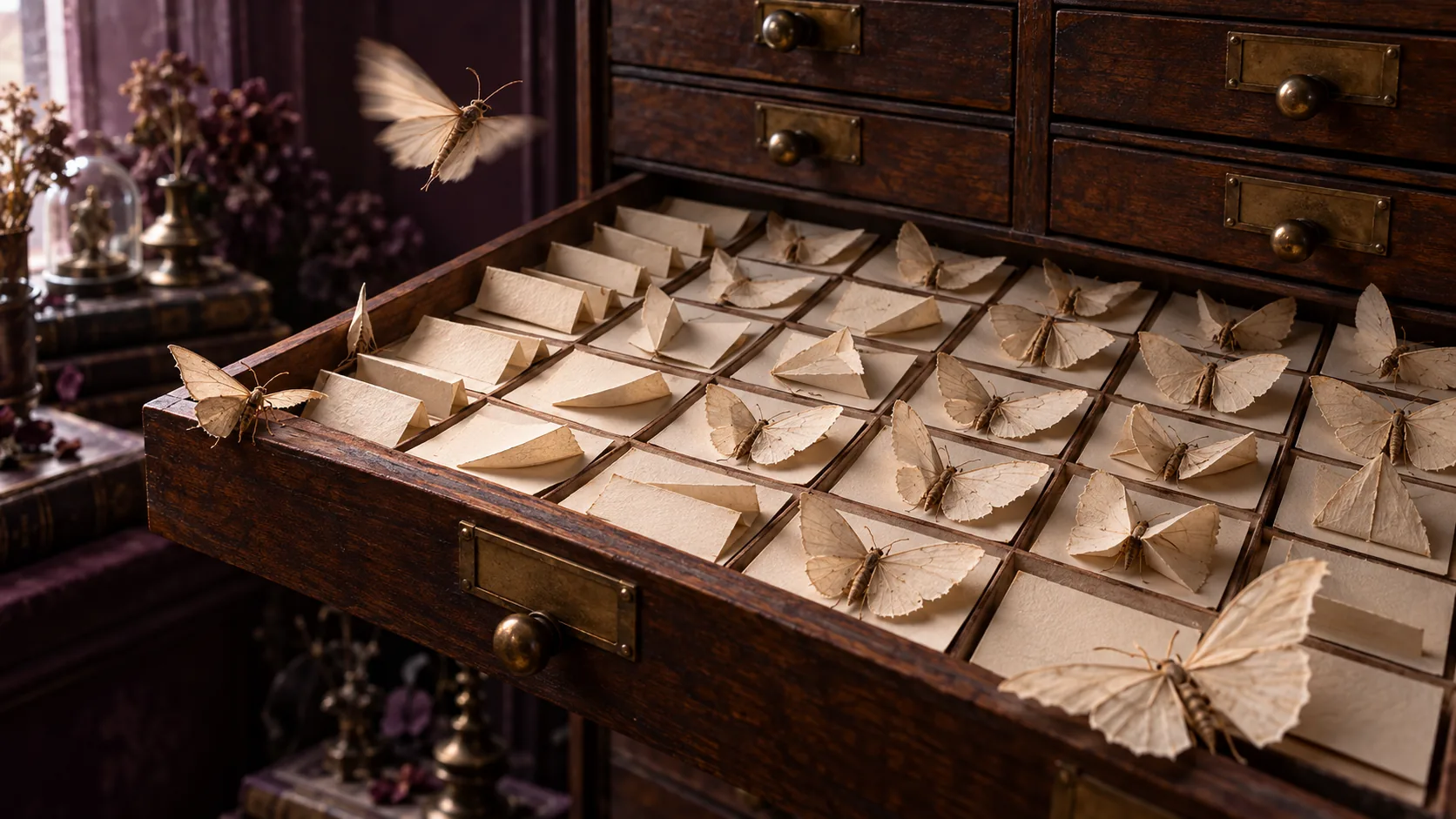 An open wooden archive drawer is filled with folded paper moths in tidy compartments, and a few have already flown out. The catalogue is now incomplete.