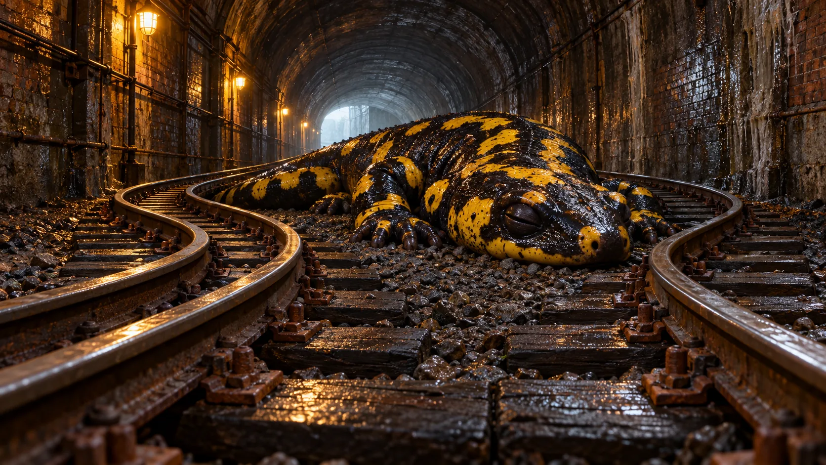 In a dim brick tunnel, a giant black-and-yellow salamander sleeps across the tracks, and the rails have bent politely around it. The timetable has been adjusted.