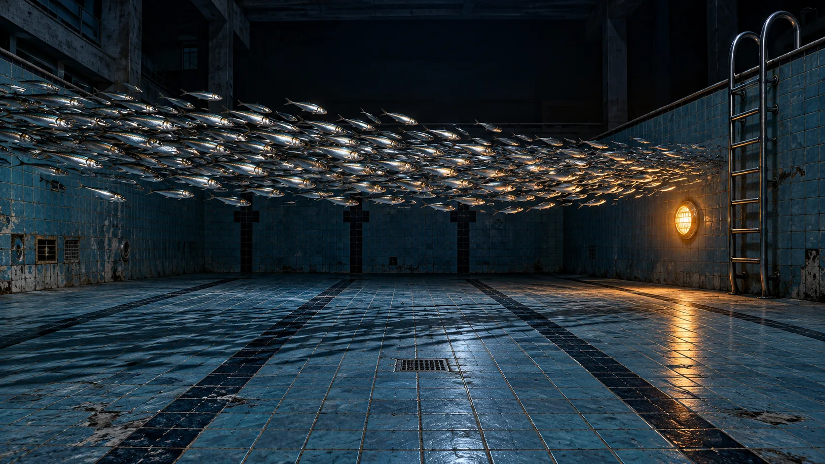 A shoal of silver sardines swims through the air of an empty, tiled indoor pool, lit by one wall lamp. Nobody told them about the water.