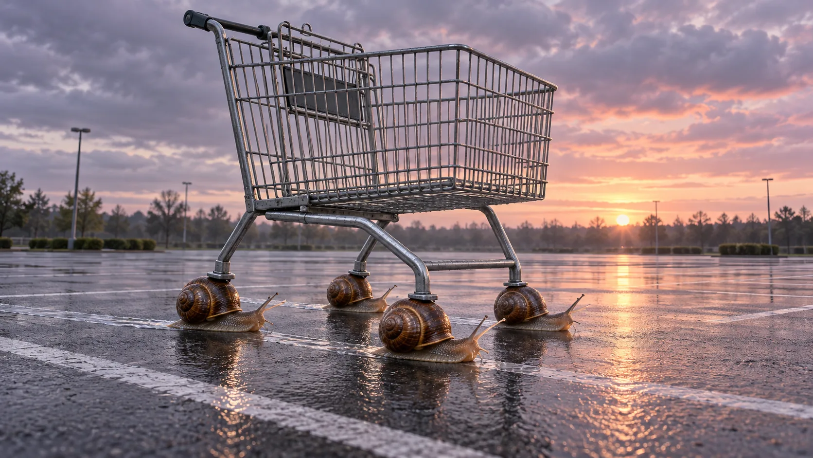 In a wet, empty car park at sunset, a shopping cart rolls on four snails instead of wheels, their trails glinting on the tarmac. It will get there; the shop will be closed.