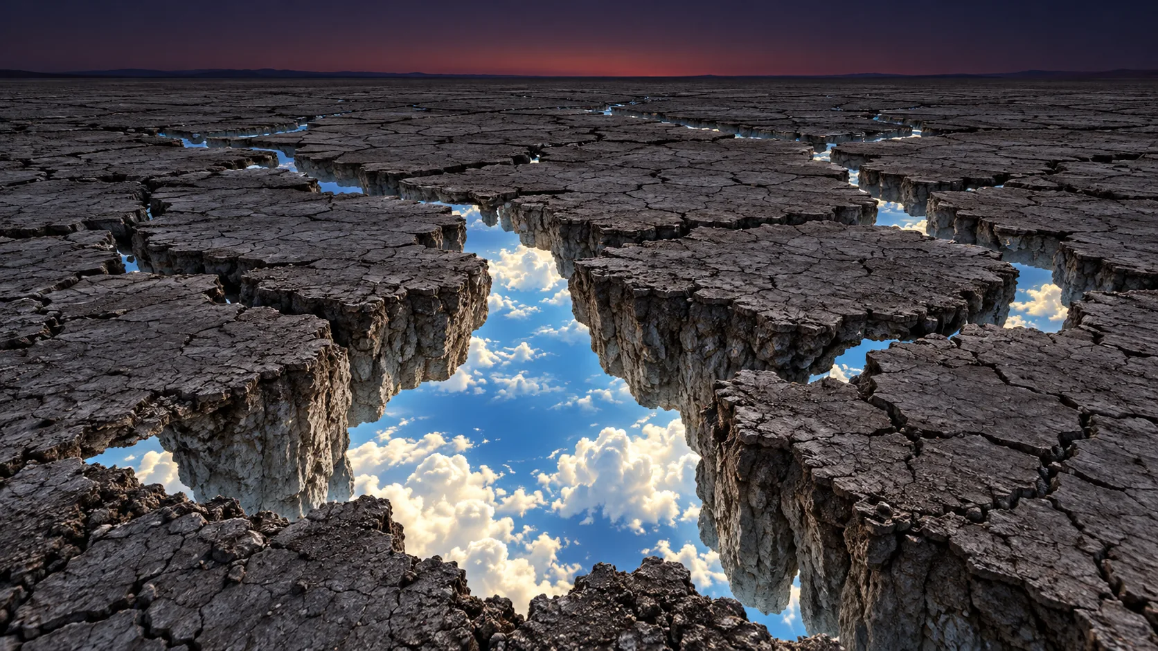 A dry plain cracked into plates, with blue sky and white clouds showing through the cracks underneath. Dig far enough and it gets breezy.