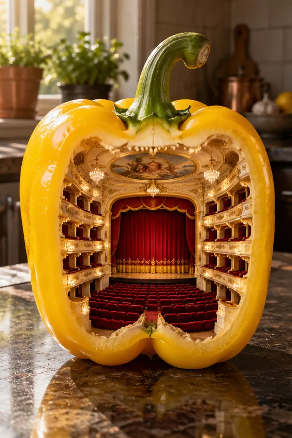 A yellow bell pepper on a kitchen counter is cut open to show a tiny opera house, red curtains and all.