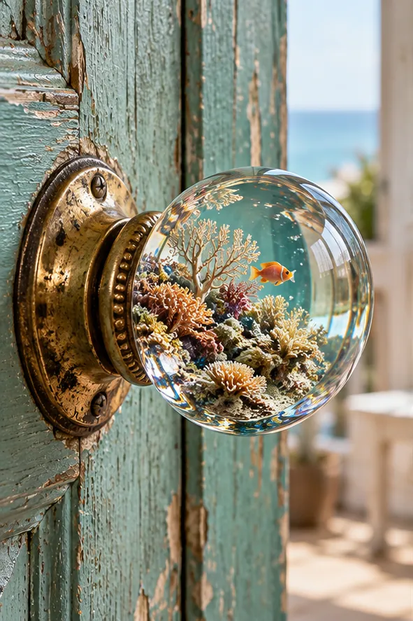 A glass doorknob on a weathered green door holds a coral reef, with an orange fish swimming inside.