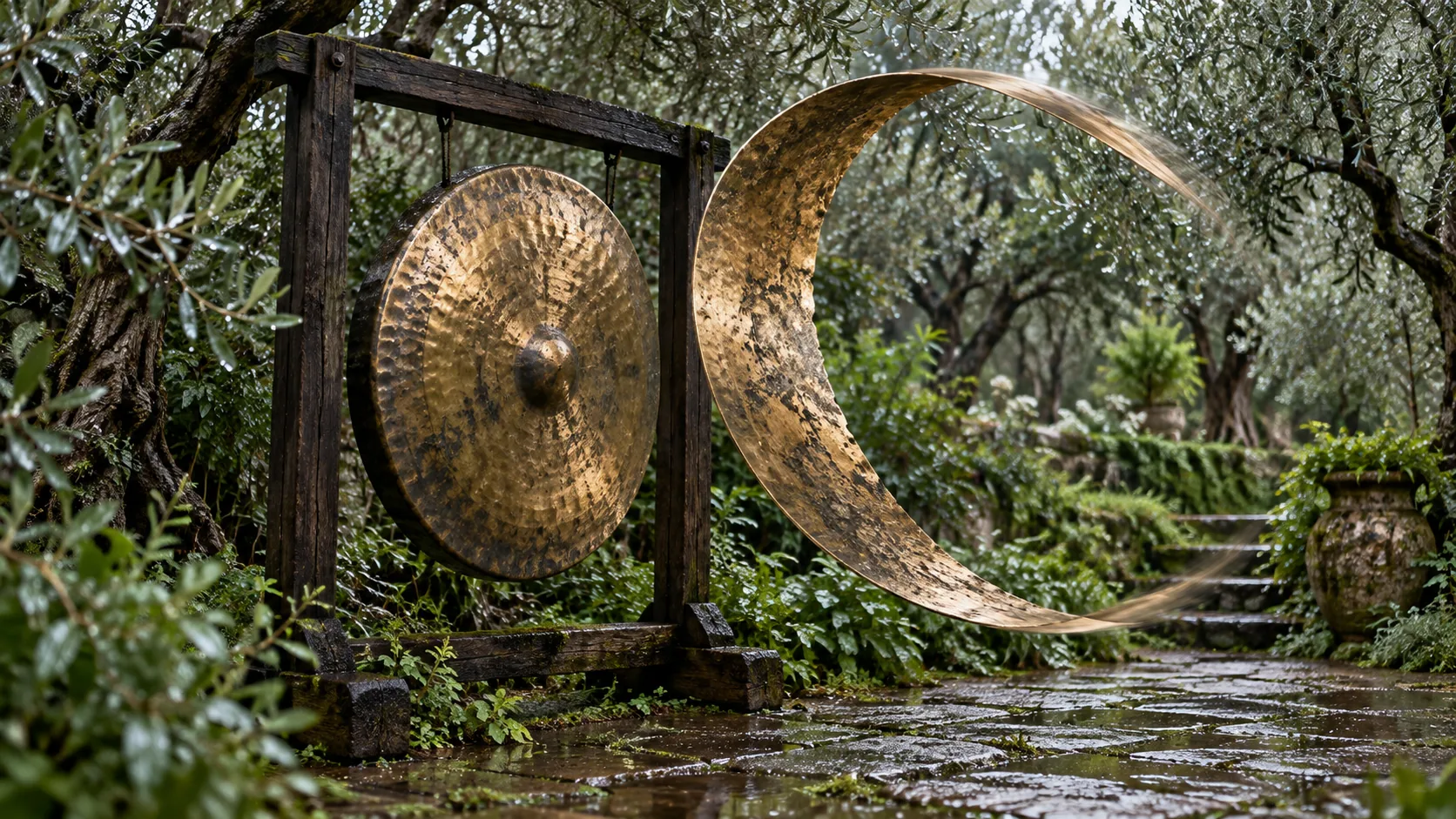 In a wet garden of olive trees, a bronze gong hangs in its wooden frame while a crescent of the same bronze curves away from it through the air. That’s the sound, leaving.