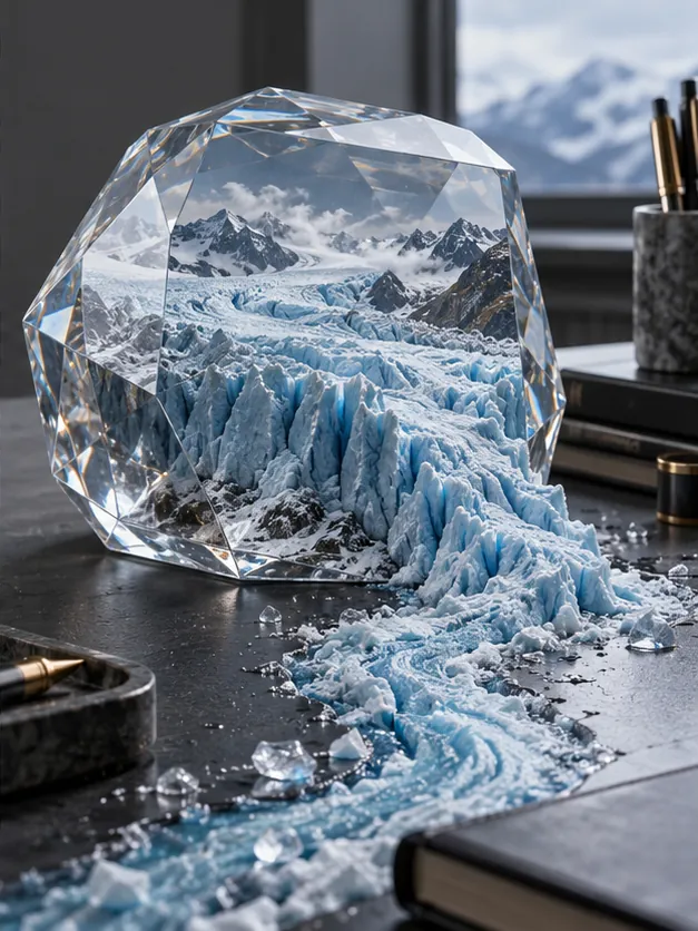 A crystal paperweight on an office desk contains a mountain range, and its glacier pours out across the tabletop.