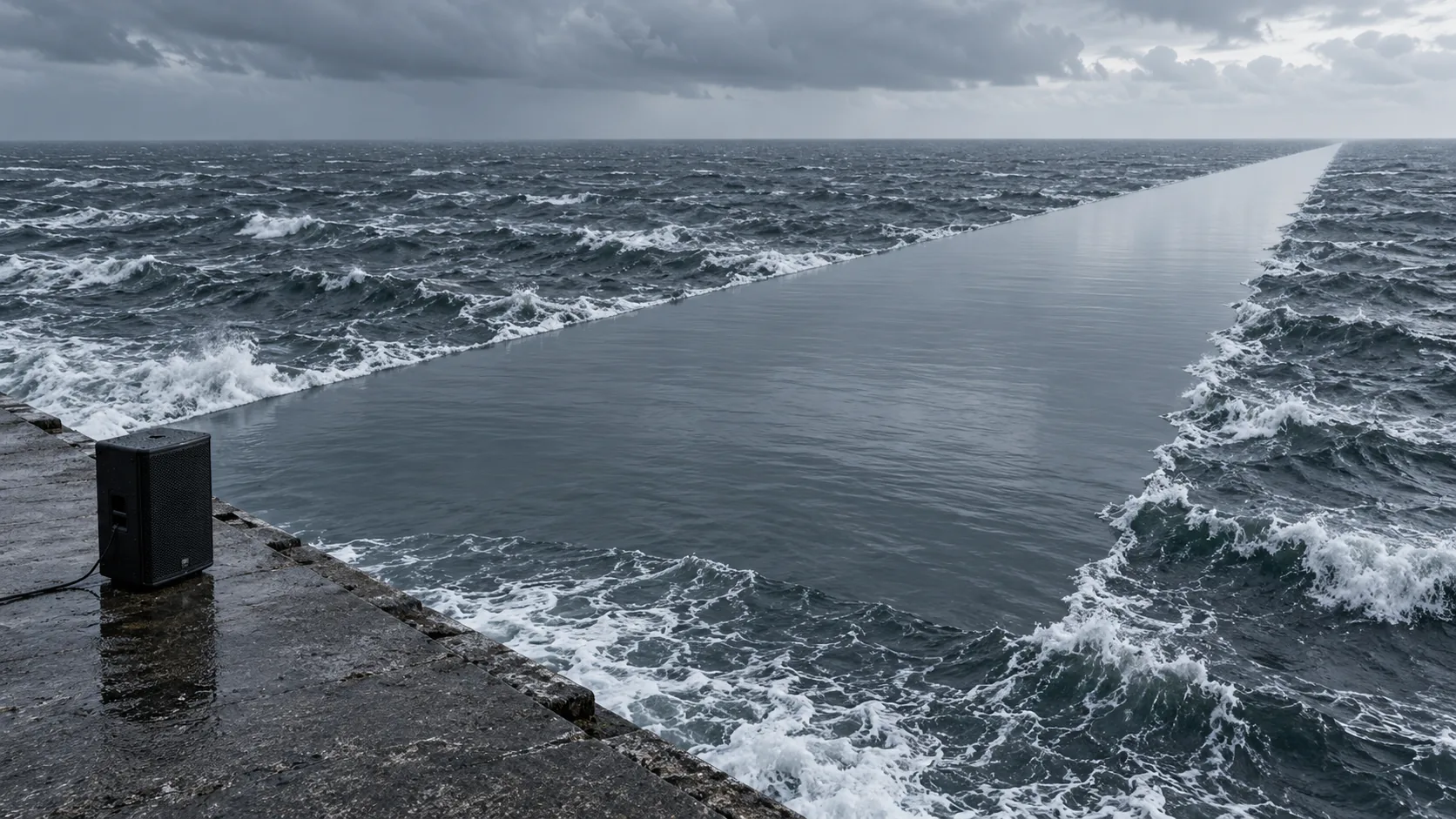 A black speaker on a wet jetty points out at a stormy sea, and a long triangle of water in front of it lies perfectly flat and calm. It is playing silence, very loudly.