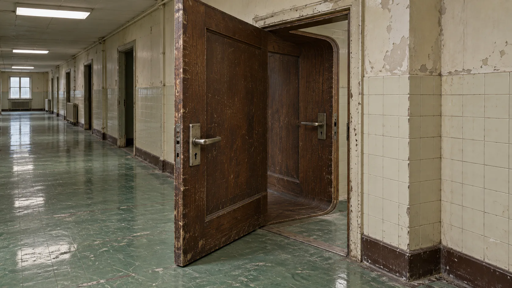 In a tiled institutional corridor, a heavy wooden door swings open and bends back round into its own frame, so the way through leads straight back out. Very secure, in its way.