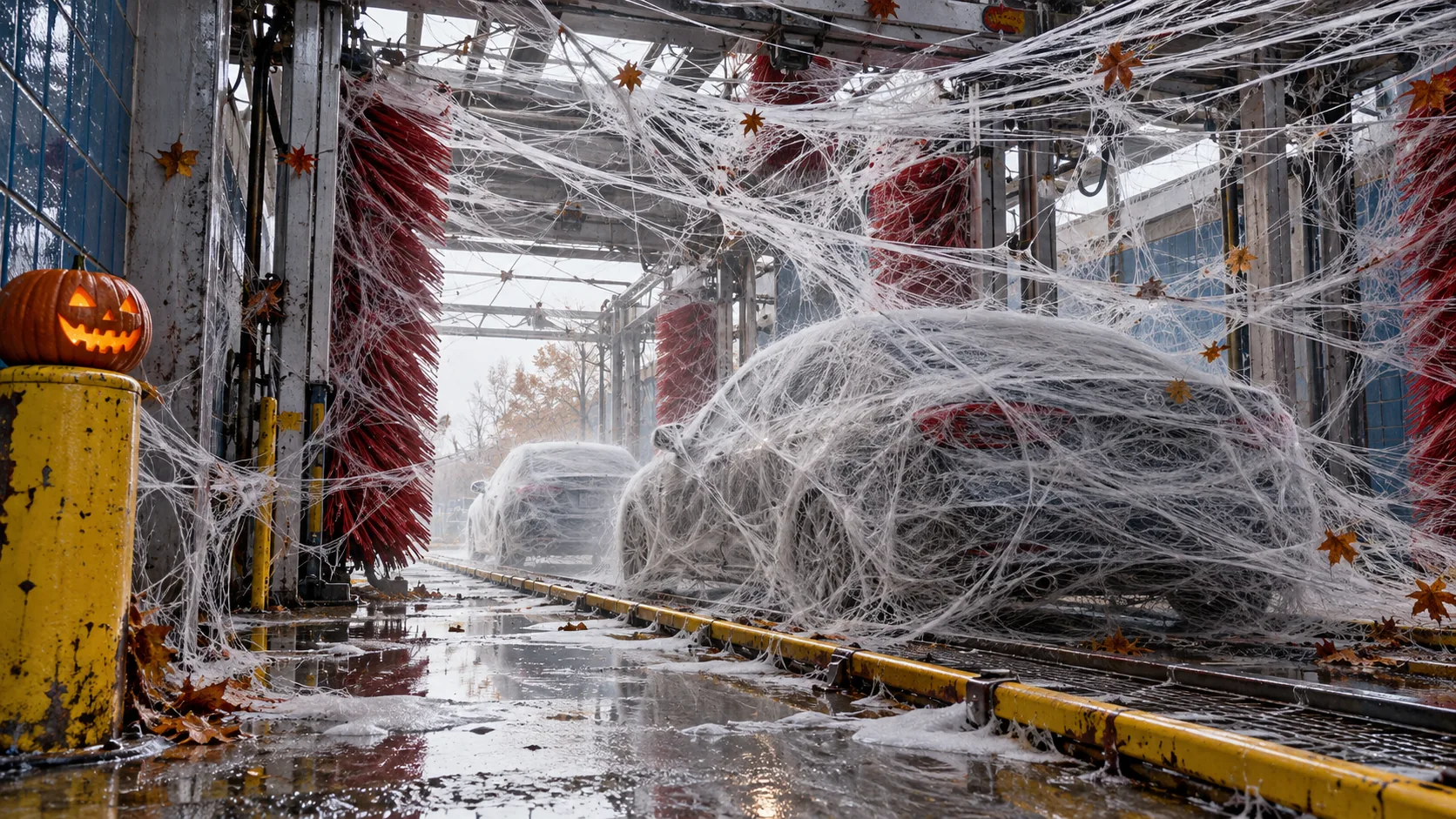 An automatic car wash is strung with thick white cobwebs, and the cars going through it come out wrapped in silk like flies, a carved pumpkin on the post by the entrance. The brushes are still spinning.