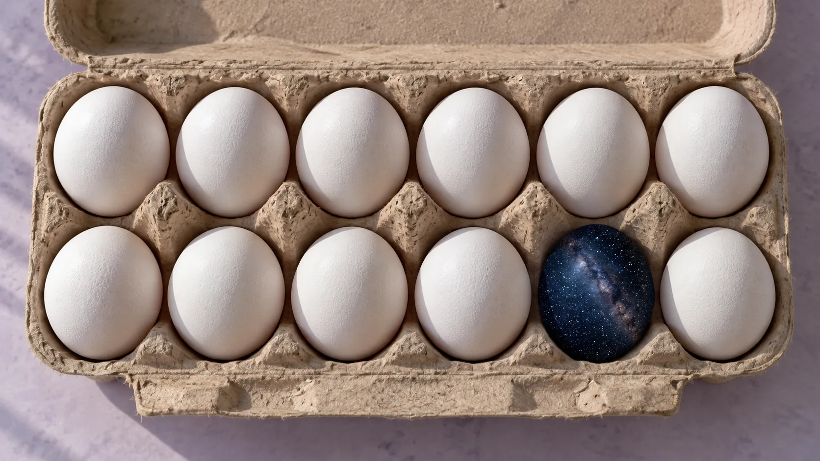 A carton of twelve white eggs holds one that is deep blue and full of stars. Best before: the heat death of the universe.