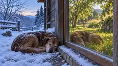An old dog sleeps curled in the snow against a cabin wall, and in the window beside it the same dog sleeps on green summer grass. The reflection got the better deal.