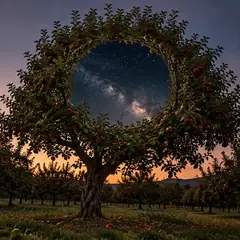 In an orchard at dusk, an apple tree's crown opens into a round window onto the starry Milky Way.