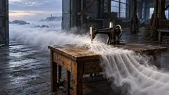 An old sewing machine on a dockside workbench feeds a bank of sea fog through its needle and out in neat pleats. Someone has to take the weather in.