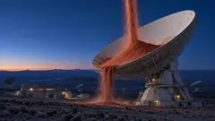 At dusk a huge radio dish in a desert array catches a column of red sand pouring down out of the sky and spills it off its rim onto the ground. Someone out there finally got through, and it arrived by weight.