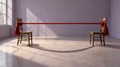 In an empty lilac room, a red scarf is tied taut between two wooden chairs, yet the shadow it throws on the floor droops in a lazy curve. One of them is lying about the tension.