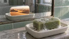 A wet bar of green soap sits on a dish by a tiled bathroom mirror, and in the mirror its dish holds a little desert of rippled dunes at sunset. Somebody's bathroom has been washing with sand.