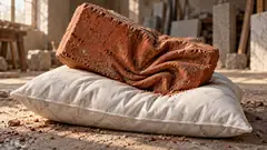 A red brick has slumped over a white pillow on a dusty workshop floor, creased like a blanket, while the pillow, veined like marble, keeps its shape. One of them is the soft one.