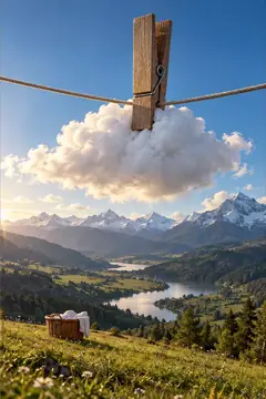 A single cloud hangs from a washing line by a wooden peg, high above a mountain valley. The laundry basket waits in the grass.