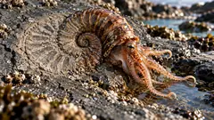 On a wet rock shore, a fossil ammonite peels itself out of the shale as a living, orange-tentacled creature, leaving its print behind. It looks a little stiff.