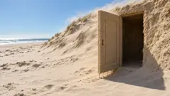 A sand-coloured door stands open in the side of a dune on an empty beach, onto a small room dug out of more sand. The wind has already been in.