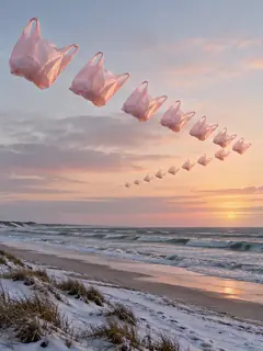 A long line of pink plastic bags flies in formation like geese over a snowy beach at sunset.