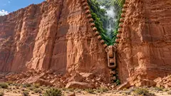 A towering red sandstone cliff is split by a giant stone zipper, half undone, with a misty green jungle and a waterfall showing through the gap. Someone left the desert open.