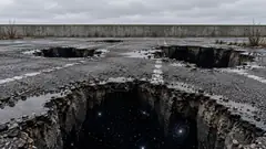 An empty car park is full of deep potholes, and at the bottom of each one is starry space with a spiral galaxy. Parking is still not advised.