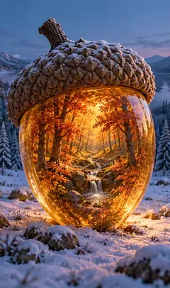 A glass acorn in the snow holds a glowing autumn forest with a little waterfall. Keep it in the shell.