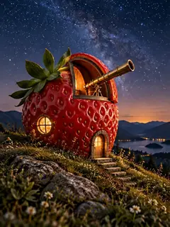 A strawberry turned observatory on a hillside under the Milky Way, telescope poking out of the roof. Small, but sees everything.