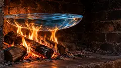 In a brick hearth, a shallow glass bowl of clear blue water rests on the tips of the flames of a log fire, with nothing else holding it up. It hasn’t boiled and doesn’t intend to.