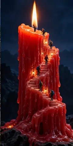 Tiny climbers wind up a staircase cut into a dripping red candle toward the flame. The summit gets lower by the hour.